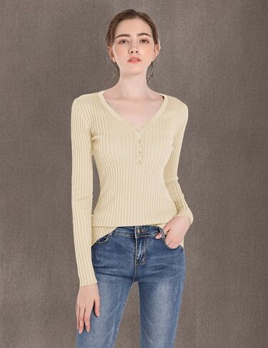 v28 Women Tops Long Sleeve V Neck Henley Button Up Casual Sexy Slim Fit Ribbed Knit Knitwear Pullover Sweater in Kuwait
