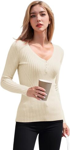 v28 Women Tops Long Sleeve V Neck Henley Button Up Casual Sexy Slim Fit Ribbed Knit Knitwear Pullover Sweater in Kuwait