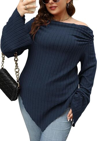 Nemidor Womens Vintage Plus Size Off Shoulder Bell Sleeve Ruched Asymmetrical Pullover Tops NEM535 in Saudi Arabia