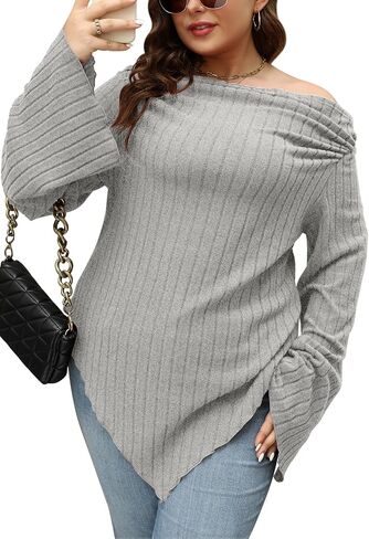 Nemidor Womens Vintage Plus Size Off Shoulder Bell Sleeve Ruched Asymmetrical Pullover Tops NEM535 in Saudi Arabia