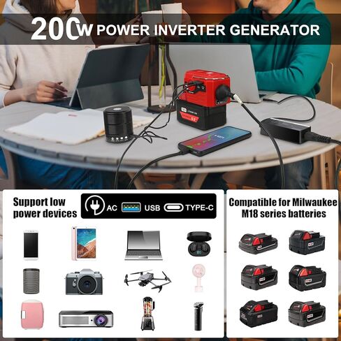 KUNLUN 200W Power Inverter for Makita 18V Battery, DC 18V to AC 110-120V Battery Inverter, Portable Power Supply Inverter with AC Outlet & USB and Type-C Ports & LED Light (Battery not include) in Kuwait