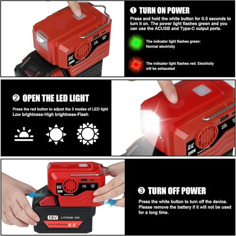 KUNLUN 200W Power Inverter for Makita 18V Battery, DC 18V to AC 110-120V Battery Inverter, Portable Power Supply Inverter with AC Outlet & USB and Type-C Ports & LED Light (Battery not include) in Kuwait
