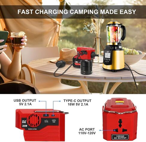 KUNLUN 200W Power Inverter for Makita 18V Battery, DC 18V to AC 110-120V Battery Inverter, Portable Power Supply Inverter with AC Outlet & USB and Type-C Ports & LED Light (Battery not include) in Kuwait