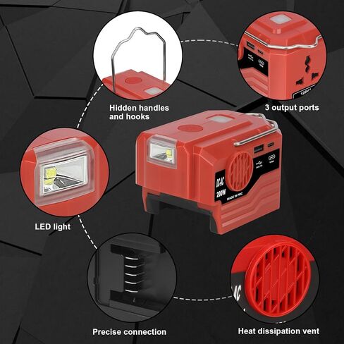 KUNLUN 200W Power Inverter for Makita 18V Battery, DC 18V to AC 110-120V Battery Inverter, Portable Power Supply Inverter with AC Outlet & USB and Type-C Ports & LED Light (Battery not include) in Kuwait