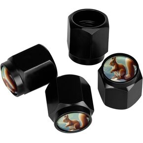 Squirrel Snow Forest Tire Valve Stem Caps Aluminum Black Stem Tire Valve Caps Universal Stem Covers for Cars SUVs Trucks Bikes Motorcycles Bicycles (4 Pack)