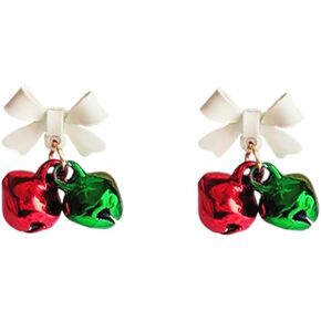 White Bow Jingle Bell Green Red Stud Small Dangle Drop Earrings for Women Cute Sterling Silver Post Tinkle Bell Ribbon Bowknot Christmas Studs Hypoallergenic Fashion Jewelry Party Holiday Decoration Gift Daughter Her