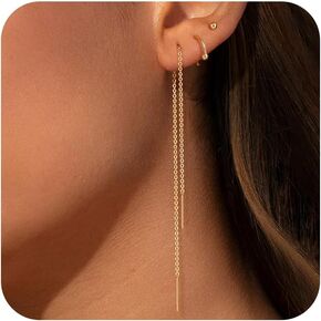 Tewiky Gold Chain Earrings for Women Dainty Long Dangle Chain Earring Set, Hypoallergenic Hoop Cubic Zirconia Stud Earring Stack, Chain Drop Earrings Jewelry Trendy for Women 3 Pairs