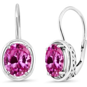 Gem Stone King 925 Sterling Silver Pink Created Sapphire Dangle Earrings For Women (4.80 Cttw, Oval 9X7MM)