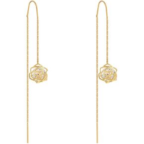 14K Gold Rose Flower Dangle Earring For Women Tassel Threading Long Chain Earrings For Women Drop Earrings For Bridesmaid