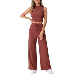 Allegra K Women's 2 Piece Casual Sets Crew Neck Sleeveless Crop Tank Wide Leg Pants Summer Lounge Set