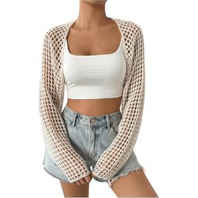 SweatyRocks Women's Casual Long Sleeve Open Front Sheer Crop Cardigan Sweaters Shrug