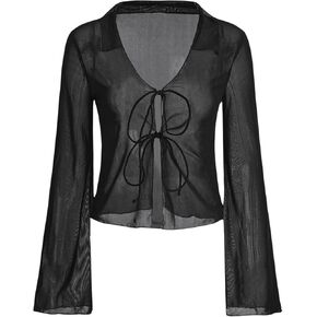Verdusa Women's Flounce Long Sleeve Tie Front V Neck See Through Mesh Cardigan