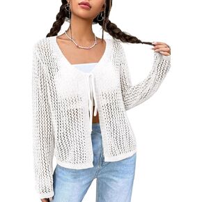 Womens Lightweight Crochet Cardigan Tie Front Shrugs Knit Crop Tops