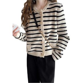 MakeMeChic Women's Striped Button Down Cardigan Round Neck Long Sleeve Sweater Knit Top