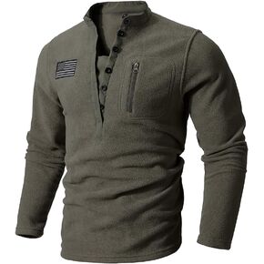 TOMITANY Men’s Fleece Sweatshirts Long Sleeve Button Up Tactical Shirts American Flag Printed Henley Shirts Patriotic Shirt Light Brown XL