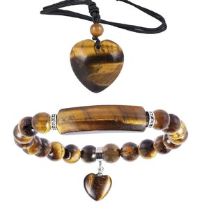 TUMBEELLUWA Healing Tiger's Eye Crystal Stone Heart Charm Jewelry Set Crystal Energy Stretch Bracelet and Adjustable Carved Stone Heart Shape Pendant Necklace