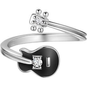 beautlace Men's Music Guitar Adjustable Rings Silver/Black Gun Plated Guitar Bass Open Ring Jewelry Gifts for Music Lover KR0113