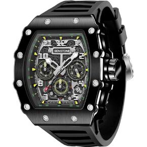 Mens Watches Retro Punk Skull Tonneau Design Analog Unique Skeleton Sports Quartz Wrist Watch for Men with Luminous Rubber Strap Silicone Band