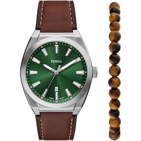 Fossil Men's Everett Three-Hand Date Brown Leather Watch and Bracelet Set