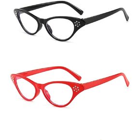 Cat Eye Glasses, 2PCS Cat Eye Rhinestone Glasses, Womens Cat Eye Rhinestone Glasses(Red,Black)