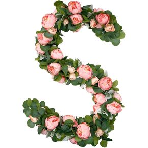 6Pcs 35.4Ft Peony Garland Artificial Flowers Faux Eucalyptus Garland with Flowers Vine Greenery Garland for Table Wedding Arch Hanging Home Decor Wall Backdrop Party (Wine Red) in Kuwait