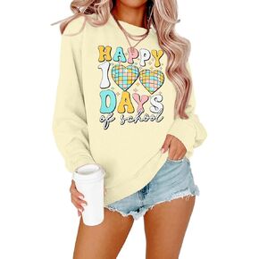 ALLTB 100 Days of School Shirt Women: Teacher Sweatshirt Happy 100th Day of School Shirt Teacher Life Long Sleeve Tops