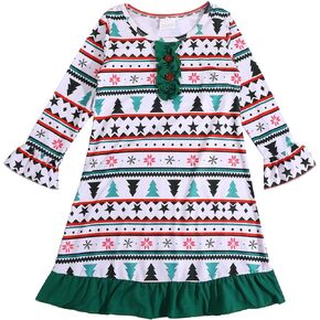 Merry Christmas Toddler Girls Night Dress Snowman Santa Claus Christmas Tree Elk Pattern Dress 6-7Y