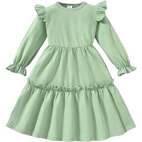 puseky Girl's Dresses Ruffle Sleeve Tiered Swing Casual Dress with Side Pockets Wedding Birthday Party Dress 3-8T