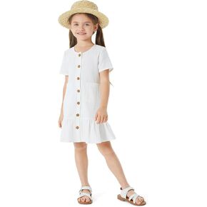 PATPAT Girls Casual Dress Short Sleeve Summer Dresses Button Down Solid Sundress with Pockets 3-12Year