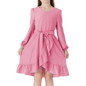 فستان للفتيات بأكمام طويلة من PATPAT ورقبة على شكل حرف V فساتين حفلات سادة فضفاضة فستان كاجوال مكشكش للفتيات مع حزام لعمر 5-12 سنة in Kuwait