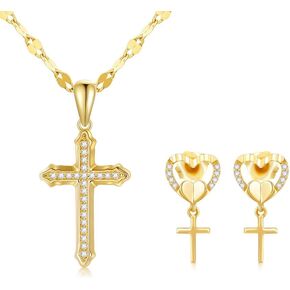 مجموعة قلادة من الذهب عيار 14 قيراط مرصعة بالألماس وقلادة على شكل سلسلة شفة وأقراط متدلية على شكل صليب على شكل قلب للنساء المراهقات in Kuwait