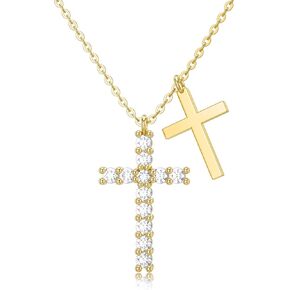 14k Gold Cubic Zirconia Cross Necklace for Women, Real Gold Chain with Double Cross Pendant, Religious Jewelry Confirmation Gifts for Her 16"+1"+1"
