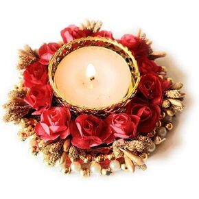 Rose Flower Tea Light Candle Holder, Housewarming Decor Traditional Diyas for Diwali, Indoor Home Mandir Puja Lamps, Table Decorative. (10.2 x 10.2 x 5.1 Cm, 15)