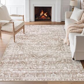 Lahome Washable Rug 6x9 - Floral Large Rugs for Living Room Non Slip Ultra-Thin Soft Bedroom Area Rug, Neutral Boho Print Indoor Farmhouse Stain Resistant Rug for Dining Room Office (Taupe, 6'x9')