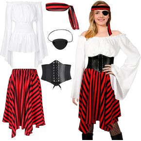 Womens Pirate Costume 5Pcs Renaissance Blouse Corset Waist Belt Headscarf Eye Patch Halloween Party Set Pirate Cosplay Outfit White M