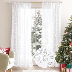 Vangao Snowflake Christmas Curtains White Sheer Curtains 84 Inches Long for Living Room Bedroom Holiday Backdrop Decor Snow Flake Luxury Home Voile Drapes Rod Pocket Window Winter Drape, 2 Panels