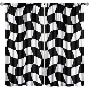 Abstract Checkered Flag Curtains Ｗave Black and White Grid Blackout Window Treatment for Boys Bedroom Game Room Decor Window Drapes 42" W X 45" L
