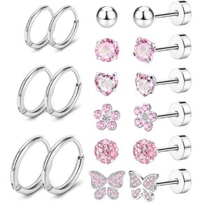 MJust Surgical Steel Earrings for Sensitive Ears Hypoallergenic stud Hoop Earrings for Women Men Ball Dot CZ Screw Backs Earrings 20G Cartilage Earring Small Nap Earrings