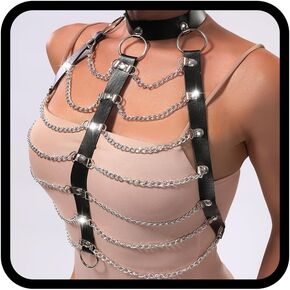 CLOACE Punk Layered Body Chain Black Belt Leather Chest Chain Harness Choker Chain Body Jewelry Accessories for Women