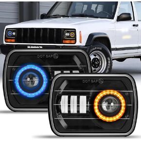 5x7 7x6 Inch LED Headlights White Halo Amber Turn Rectangular High Low Beam Headlamp Compatible with Wrangler YJ Cherokee XJ Trucks Replacement H6054 H5054 H6054LL 69822 6052 6053 (2PCS)