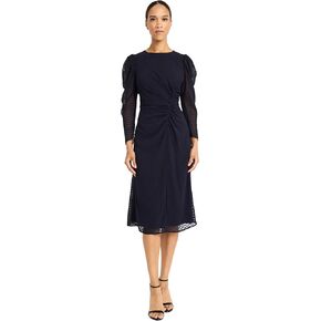 Maggy London Women's Chevron Burnout Long Sleeve Midi Ruched Waist-Elegant A-line Cocktail Dress