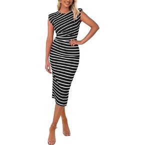 PRETTYGARDEN Women's 2025 Summer Striped Dress Casual Sleeveless Crewneck Shoulder Pads Knit Bodycon Split Midi Dresses