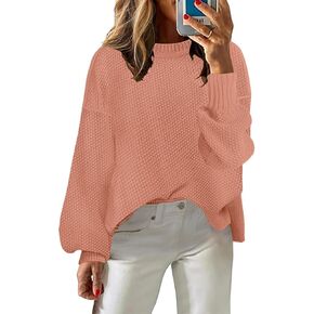 Women's 2024 Crewneck Long Sleeve Loose Oversized Chunky Knitted Pullover Sweater Jumper Tops