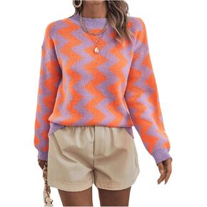 GORGLITTER Women's Chevron Striped Sweater Long Sleeve Crewneck Pullover Knit Top