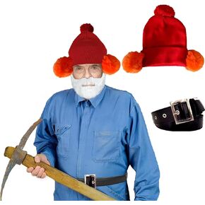 Christmas Adult Knit Beanie Set,Winter Red Warm Snug Knit Hat,Cute Faux Fur Pompoms Balls Ear Covers,Black Santa Pleather Belt for Halloween Men Women Cosplay Parties