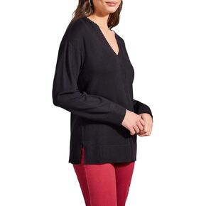 Tribal Women's Long Sleeve Ribbed V-Neck Tug Free Fit Sweater with Cable Knit Detail