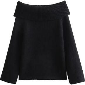 بلوفر نسائي من Wyeysyt بدون أكتاف محبوك كبير الحجم بلوفر بأكمام طويلة مكتنزة (أسود - L)، مقاس كبير in Kuwait