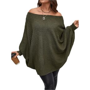 WDIRARA Women's Plus Size Off The Shoulder Batwing Long Sleeve Sweater Pullovers Army Green US22