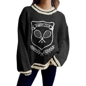 Saodimallsu Womens Oversized Chunky Sweater Crew Neck Long Sleeve Vintage Graphic Embroidered Pullover Tops