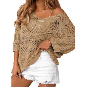 Sidefeel Women's 2025 Spring Summer Crochet Tops Off The Shoulder Hollow Out Knit Tops 3/4 Sleeve Pullover Sweater Cover Ups
